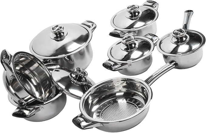 Kitchen Cookware Set Stainless Steel Soup Pot Saucepan Frying Pan Saucepan with Lid Even Heat Conduction Pots Pans Steam Grid Cooking Set for the Household