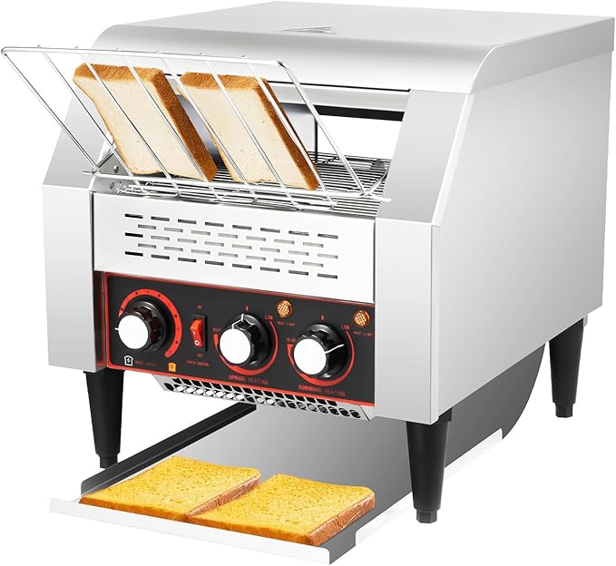 Commercial Conveyor Toaster 2200W 300 Slices/Hour Stainless Steel Toaster with Adjustable Speed &amp Temperature Dual Chute for Bagels Buns Bread - 110V for Restaurants Cafes Bakeries
