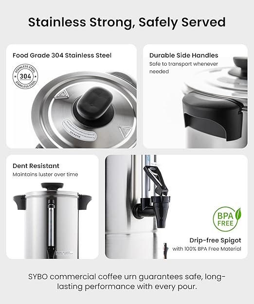 SYBO 120 Cup Commercial Coffee Urn &amp Hot Beverage Dispenser Stainless Steel Percolate Maker Fast Brew Keeps Warm – Ideal for Tea Water at Events Catering 18 L Metallic