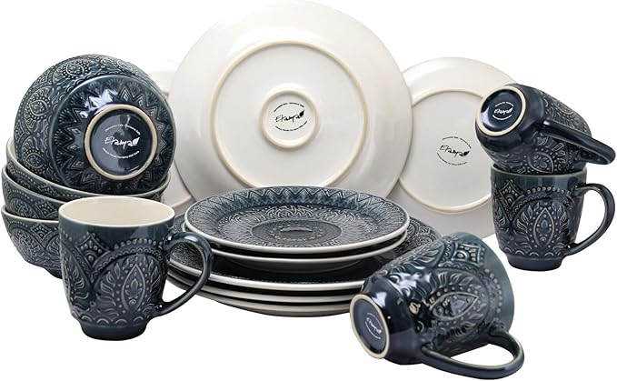 Unknown1 16 Piece Stoneware Dinnerware Set Blue Textured Casual Round Microwave Safe Medium