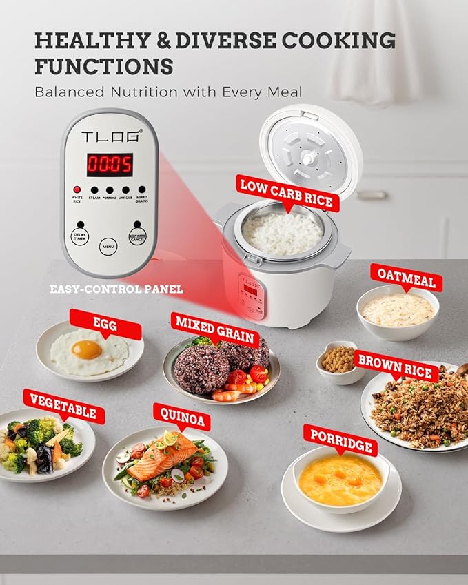 TLOG Low Carb Rice Cooker 2L(8 Cups Cooked) Low Sugar Healthy Rice Maker with 304 Stainless Steel Steamer Basket 5 Cooking Presets 24H Timer &amp Keep Warm Function