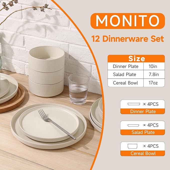 MONITO Ceramic Dinnerware Sets for 4 12PCS Stoneware Plates and Bowls Sets Reactive Glaze Dish Set Chip and Scratch Resistant Double Microwave and Dishwasher Safe Matte White