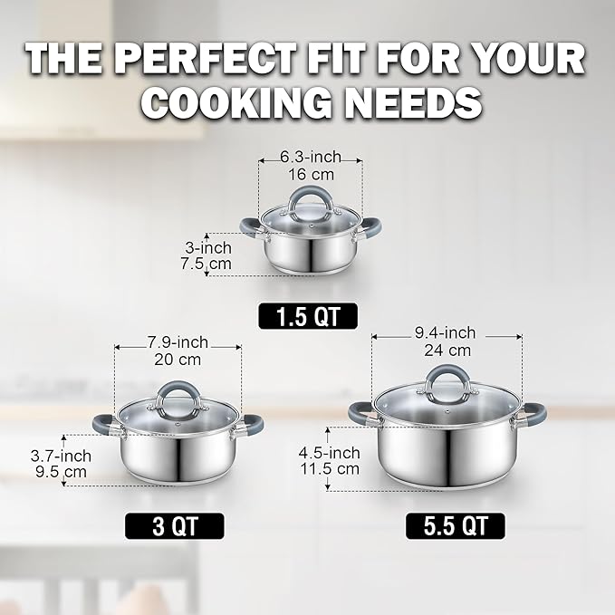 Cook N Home Stainless Steel Pot Set with Glass Lid 6 Pieces Basics Cookware Set with Stay-Cool Silicone Handles 1.5/3/5.5 Quarts Small Cooking Stock Pot Saucier Casserole
