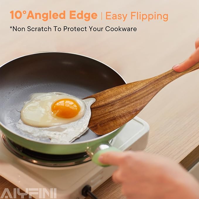 Non-Toxic Wooden Utensils for Cooking - Natural Acacia &amp Glue-Free15.4 Large Spatula Set Long Handle for Scald-Resistant Wood Kitchen Spoons/Chopsticks/Holder for Non Stick Frying Pans by ALY