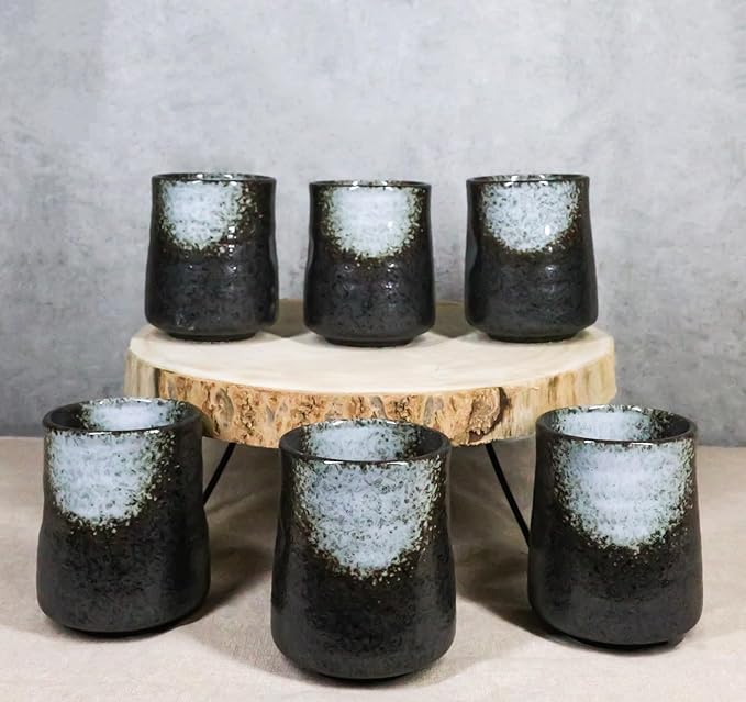 Ebros Gift Artistic Charcoal Grey Tone Hakumu Porcelain Ceramic Collection Dinnerware Serveware Kitchenware Set Asian Japanese Restaurant Supply (Pack Of 6 Yunomi Reactive Glaze Tea Cups 9oz)