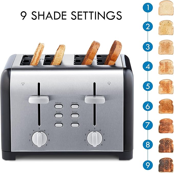 Kenmore 4 Slice Black Toaster Stainless Steel Extra Wide Slots Adjustable Browning Bagel and Defrost Settings Removable Crumb Tray Best Prime Toaster for Bread Bagel Waffles and more