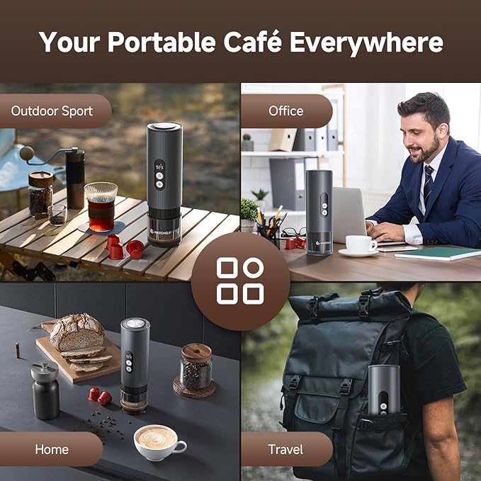 AMZCHEF Portable Coffee Maker Rechargeable w/ 9000mAh Battery 2-in-1 Travel Espresso Maker for Ground/NS Capsules Car Espresso Machine Self-Heating for Camping RV Hiking Office Aluminum