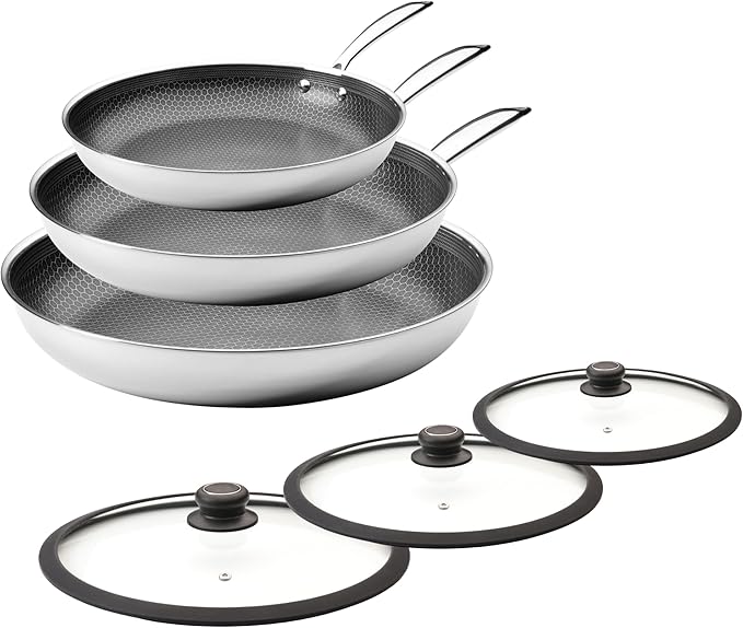 Black Cube Hybrid Cookware Set - 6 Piece Stainless Steel Non Stick Quick Release Fry Pan Set with Lids - 8 11 12.5 Pans - Oven &amp Dishwasher Safe - Induction Suitable