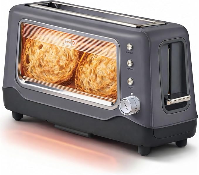 DASH Clear View Toaster: Extra Wide Slot Toaster with See Through Window - Defrost Reheat + Auto Shut Off Feature for Bagels Specialty Breads &amp other Baked Goods - Grey