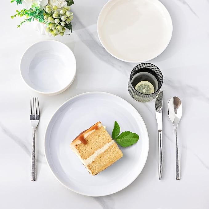 GBHOME 12 Pieces Ceramic Dinnerware Set Modern White Dish Set for 4Scratch Resistant Smooth Plates and Bowls SetsOven SafeMicrowave &amp Dishwasher