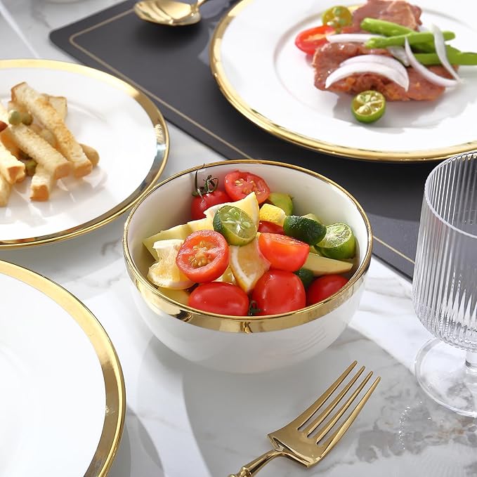 Modern Poreclain 16 Piece Dinnerware Set Plates and Bowls Set Dish set for 4 White And Golden RimDinnerware Sets With Gold Trim
