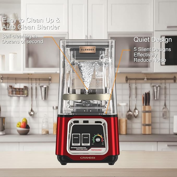CRANDDI Commercial Blender 2200W Countertop Blenders with Removable Shield Quiet Smoothie Blender for Shakes and Ice Crushing 52oz 38000 RPM Professional Blenders for Kitchen K80 (Red)