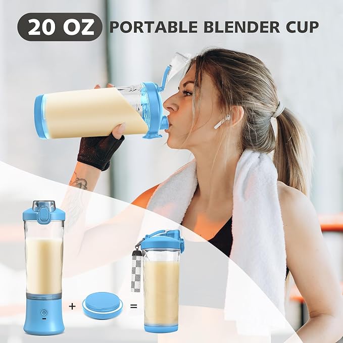 Portable Blender for Shakes and Smoothies- Personal Juicer 20 OZ Electric Protein Shaker Bottle with Insulated Sleeve USB-C RechargeableTravel Lid-Small Blender Cup for Kitchen Office GymTravel