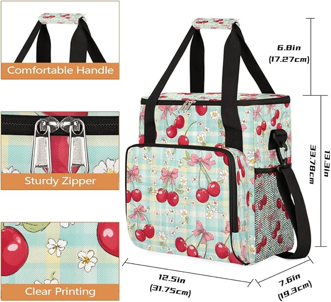 Cherries White Flowers Coffee Maker Carrying Bag Coffee Machine Travel Storage Bag Compatible with K-Mini or K-Mini Plus Portable Single Serve Coffees Brewer Case with Pockets for K-Cup Pods