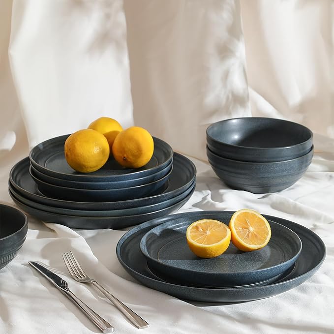 Stone Lain Elio 12-Piece Dinnerware Set Stoneware Plates and Bowls Set Dish Set for 4 Blue