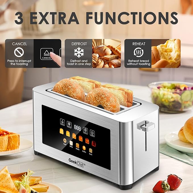 Geek Chef Long Slot Toaster 4 Slice 1.5 Touch Screen Extra Wide Slots for Bagels &amp Waffles 6 Browning Levels Timer Reheat Defrost Cancel Function and Digital Scale with App