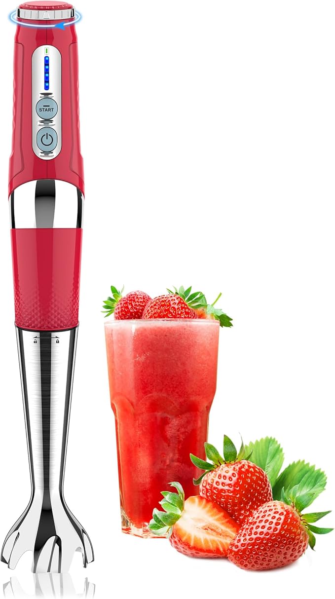 Toogel Cordless Immersion Blender Electric Hand Blender with 21-Speed &amp 3-Angle Adjust USB Rechargeable BPA-Free &amp Dishwasher Safe for Baby Food Smoothies Soup (Red)