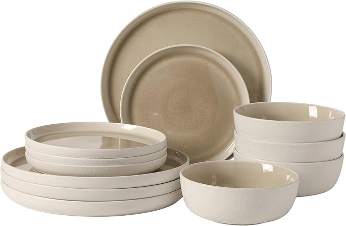 Gibson Elite Tahoe Sunset 12-Piece Reactive Stoneware Dinnerware Set – Matte Exterior &amp Shiny Interior Plates and Bowls Durable Everyday Dish Set Microwave &amp Dishwasher Safe - Taupe