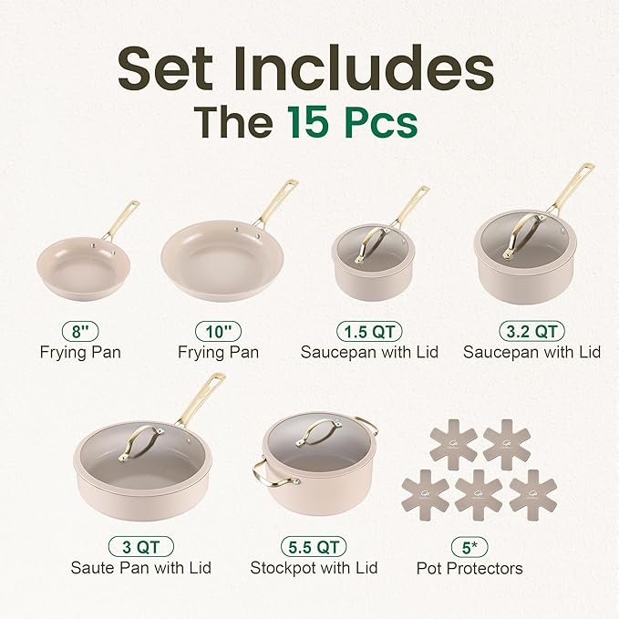 Chef Power Ceramic Cookware Sets 15Pcs Pots and Pans Set Non Stick Cookware Set with Stainless Steel Handle Dishwasher &amp Oven Safe Taupe and Light Gold Handle