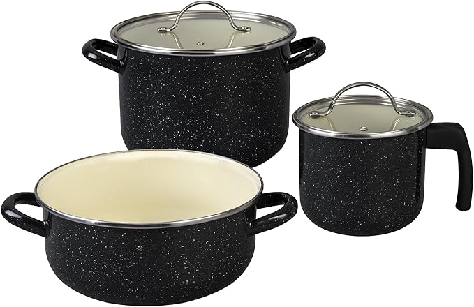 Granite Ware 5-Piece Bicolour Cookware Set Enameled Steel with Glass Lid Speckled Black &amp Cream Oven Safe to 935°F