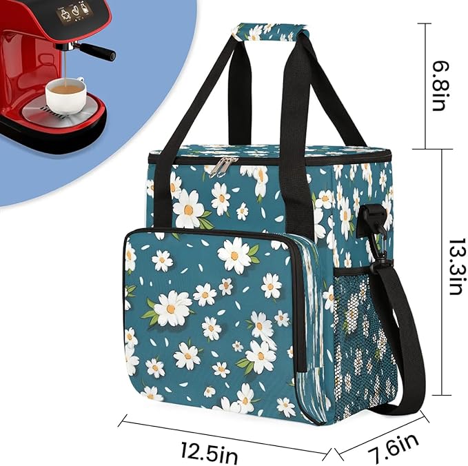 Flowers Daisy Print Coffee Maker Travel Bag for K-Mini or K-Mini Plus Single Serve Coffee Brewer Portable Storage Tote Case for Tarvel