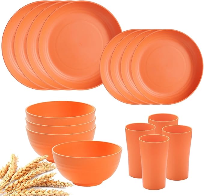 Dinnerware Sets Non Breakable Service for 4 Round Minimalist Matte Dishes Cups for Party Home RV Outdoor Camping Kitchen Orange