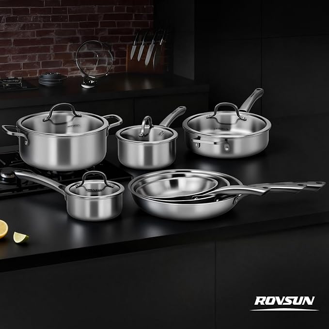 ROVSUN 11-Pcs Stainless Steel Cookware Set Tri-Ply Pots and Pans Set Non-Toxic Kitchen Set PFOA &amp PTFE Free Full Clad Frying Pans Saucepans Saute Pan &amp Stock Pot Compatible for All Cook