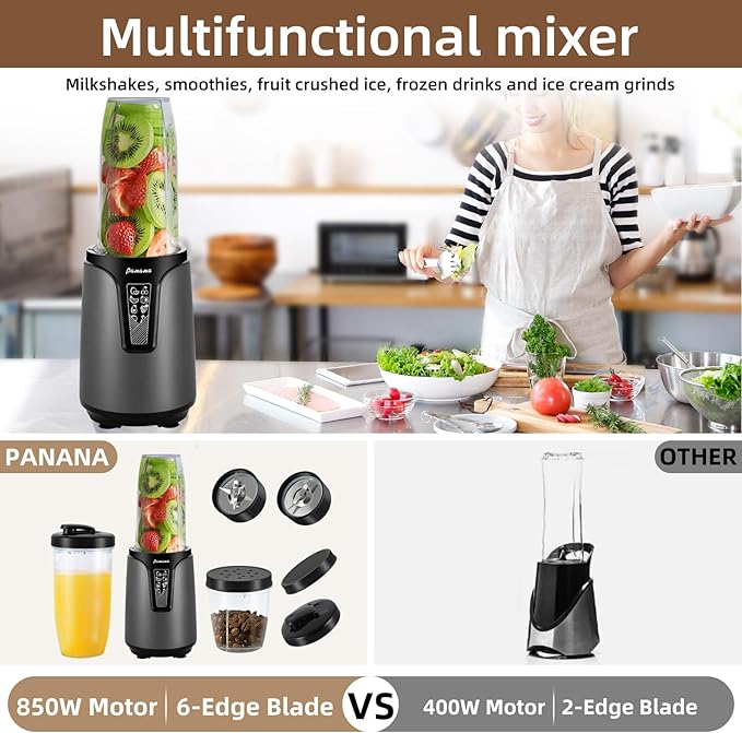 Panana Blender for Smoothies 850W Portable Personal Blender and Grinder Combo with 2x20oz Portable Smoothie Cups with To-Go Lids 6.8oz Coffee CupStainless Steel