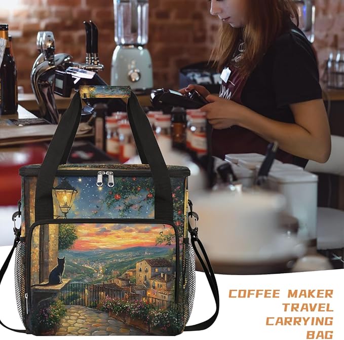 Light Night Scene Cat Flower Coffee Maker Carring Bag Travel Carrying Storage Tote Bag Compatible with Keurig K-Mini or K-Mini Plus Portable Single Serve Coffee Brewer Case with Pockets