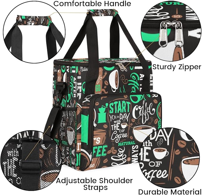 Turquoise Start Your Day With Coffee Coffee Maker Carrying Bag Coffee Machine Travel Storage Tote Bag Compatible with K-Mini or K-Mini Plus Portable Single Serve Coffee Brewer Case with Pockets