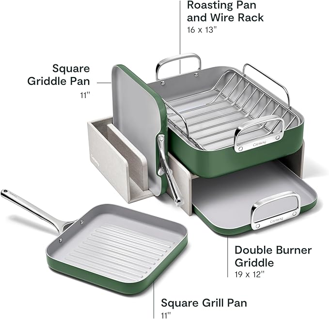Caraway Square Cookware Set - Square Pans Set - Perfect for Griddling Toasting Searing Roasting and More - Non-Stick Ceramic Coated Pans - Non Toxic PTFE &amp PFOA Free - Sage
