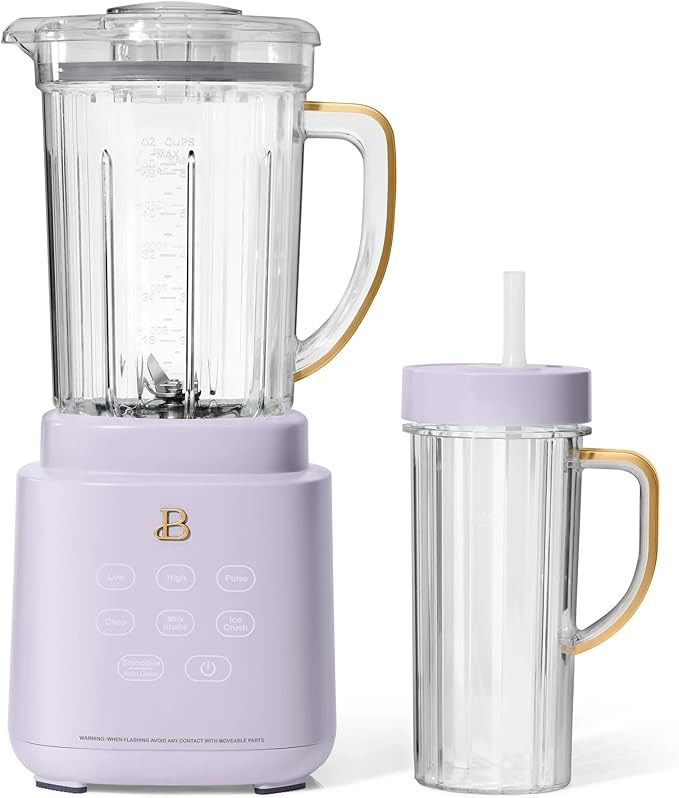B PowerExact High-Performance 700-Watt Blender by Drew Barrymore 50-Ounce Pitcher Stainless 4-Tip Blade 3 Speeds + 4 Presets Dishwasher-Safe Parts Travel Cup Included (Lavender)