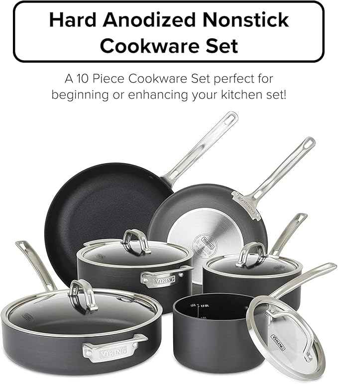 Viking 10 Piece Hard Anodized Nonstick Cookware Set with 17 Piece Cutlery Set with Light Walnut Color Block