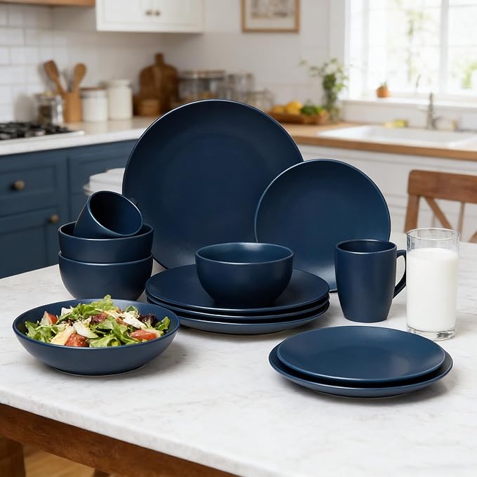 wocaxc16-Pieces Stoneware Dinnerware Set Kitchen Dinnerware Ceramic Crockery Set Dinner Service Set for 4 Include Dinner Plate Dessert Plate Cereal Bowl and Mug. (navy blue)