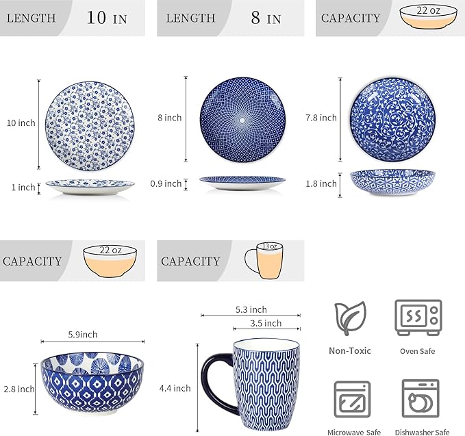 Selamica 30-Pieces Ceramic Dinnerware Sets for 6 Scratch Resistant Plates and Bowls Sets Microwave and Dishwasher Safe Vintage Blue A
