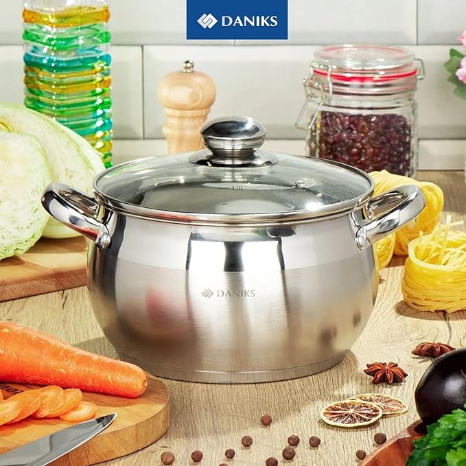 Daniks Classic 6.5 Quart Stainless Steel Stock Pot with Glass Lid Tri-Ply Bottom for Even Heating Induction Compatible Dishwasher Safe