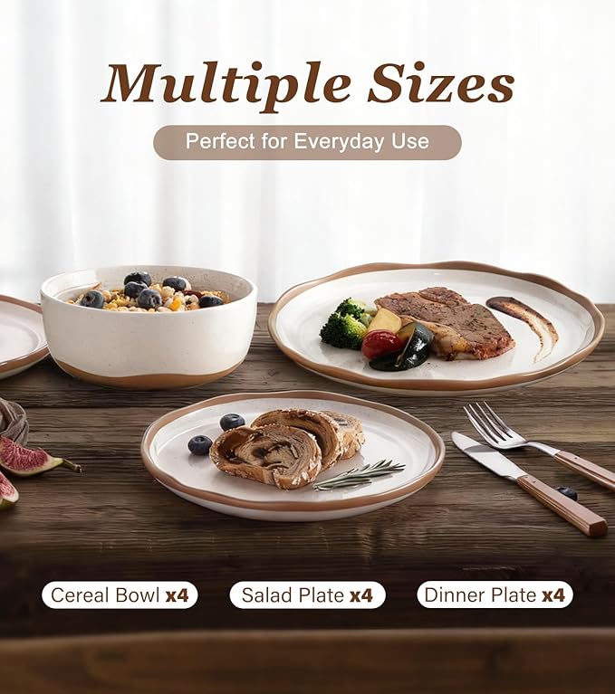 Lareina Plates and Bowls Set 12 Pieces Farmhouse Ceramic Dinnerware Sets Scratch Resistance Dishwasher Microwave Safe Vanilla White