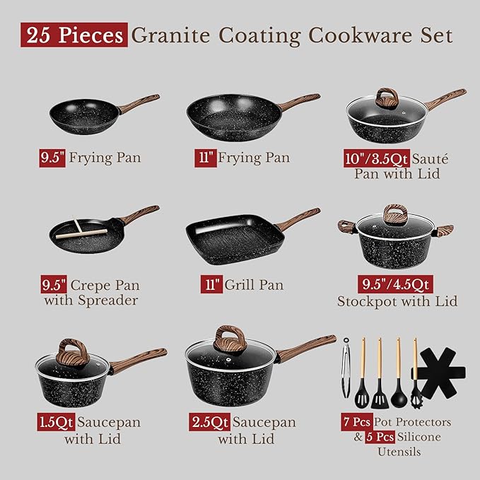 EWFEN 25 Pcs Pots and Pans Set Nonstick Ceramic Cookware Sets Healthy Non-Toxic Large Capacity Induction Compatible Cooking Set with Frying Pans &amp Saucepans PFAS/PTFE/PFOA Free Classic Blac