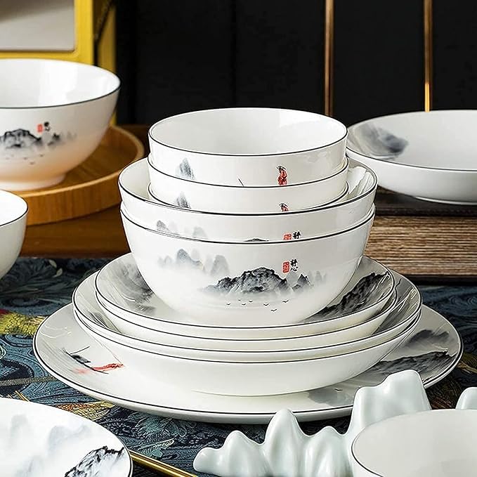 Dinnerware Sets for 4/6/12Black and White Plates Bowls SetChinese Dinner SetDish Set/tableware Ancient Ink Painting Design-for HomeKitchen Dinning35 Pieces