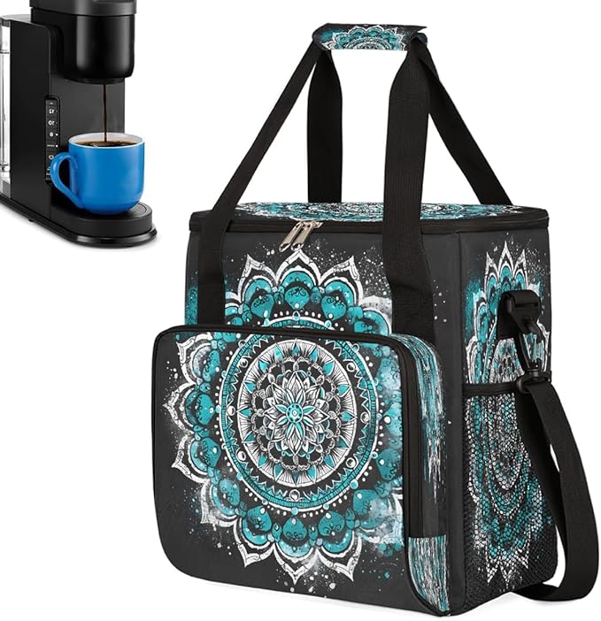 Bohemian Mandala 10 Coffee Maker Carring Bag Travel Carrying Storage Tote Bag Compatible with Keurig K-Mini or K-Mini Plus Portable Single Serve Coffee Brewer Case with Pockets for K-cup Pods