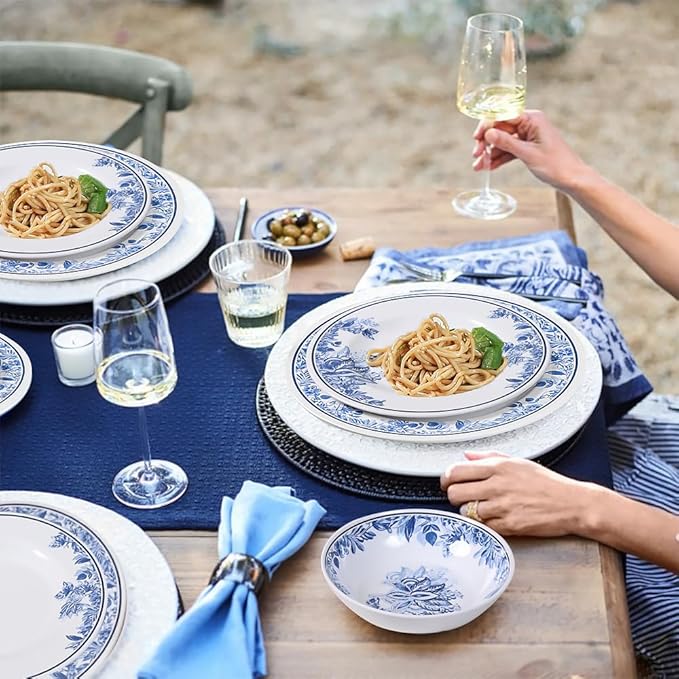 Melamine Dinnerware Sets-12pcs Floral Dinnerware Set Service for 4 Blue White Plates and Bowls Sets Dishwasher Safe Break-resistant Outdoor Camping Picnics Use Reusable Traditional Flower