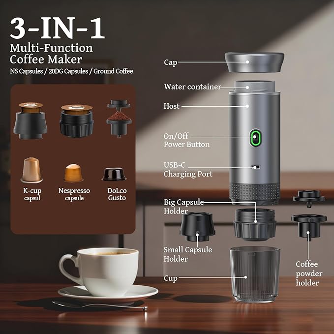 Portable Espresso Machine for Travel Travel Coffee Maker 20-Bar Extraction 150 MLCoffee Maker Self-Heating with USB-C Compatible with Ground Coffee &amp NS Capsule for Hiking and Camping