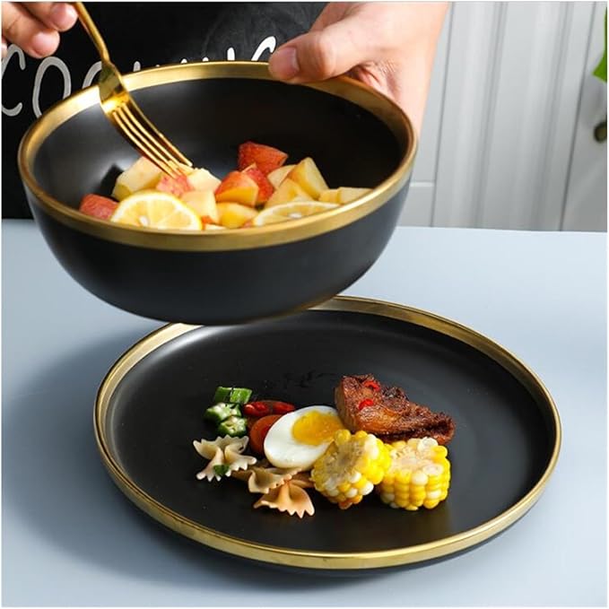 Black Porcelain Dinnerware Set Kitchen Dishes Ceramics Tableware Food Tray Rice Salad Noodles Bowl Cutlery Set (7.5 Inch Plate 1pcs)