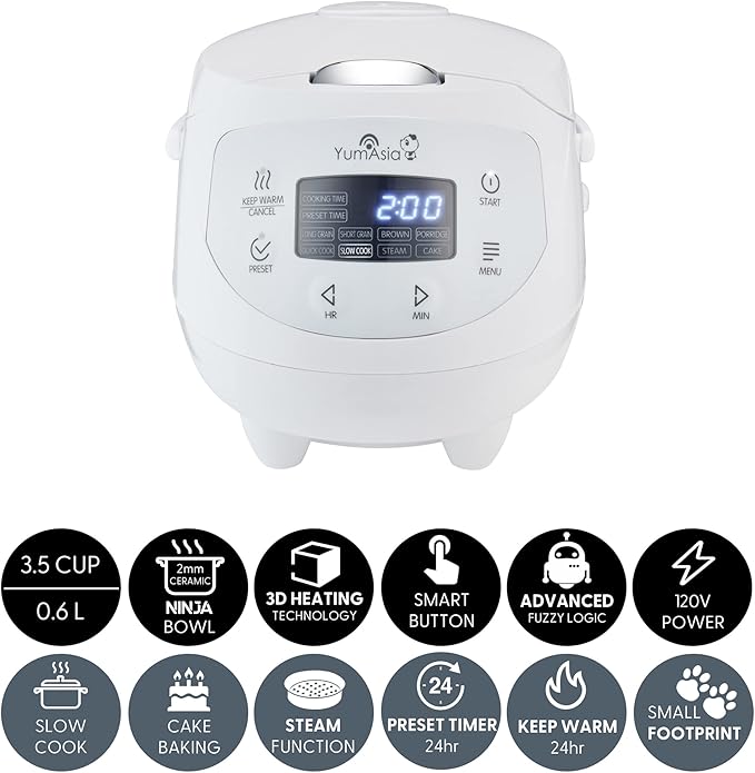 Yum Asia Panda Mini Rice Cooker With Ninja Ceramic Bowl and Advanced Fuzzy Logic (3.5 cup 0.63 litre) 4 Rice Cooking Functions 4 Multicooker functions Digital LED display - 120V