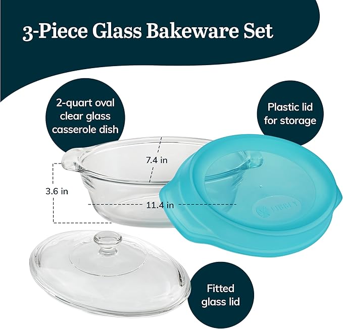 Libbey Baker’s Premium 3 Piece Glass Baking Dish Set Stackable Space Saving Casserole Dish with Lid Set Baking Glassware for Casseroles Desserts