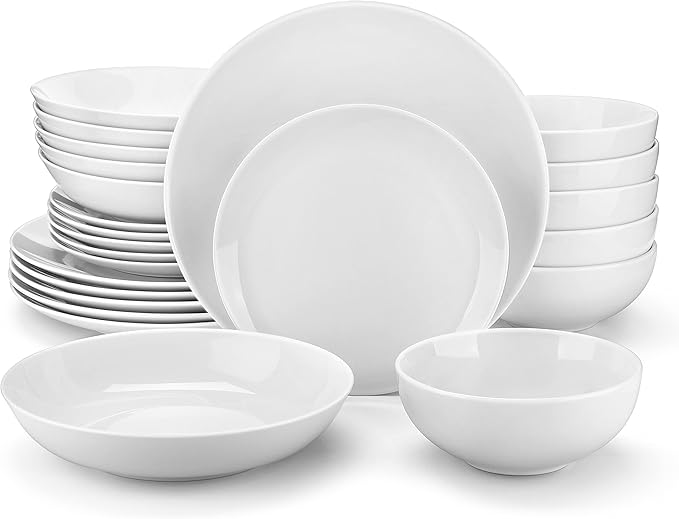 MALACASA 24-Piece Gourmet Porcelain Dinnerware Sets Modern White Round Dish Set for 6 - Premium Serving Plates and Bowls Sets for Dessert Salad Soup Pasta - Series AMELIA