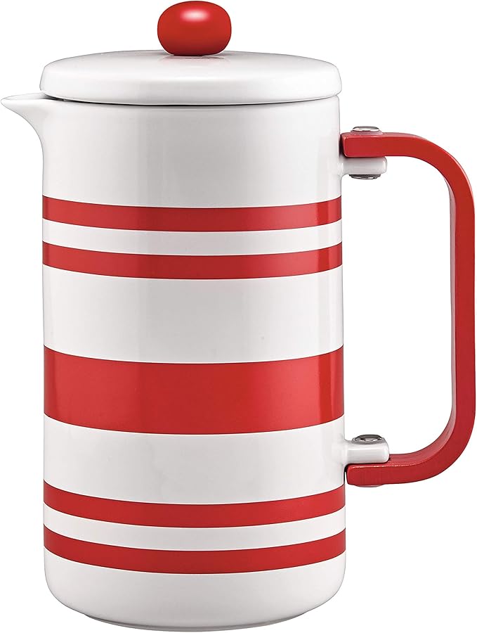 BonJour 47040 Hot Beverage Ceramic French Press Coffee Maker with Flavor Lock Filter and Bamboo Handle - 32 Ounce Red Stripes