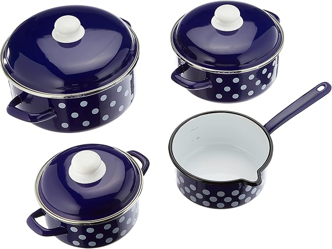 GSW 7-Piece Cooking Pot Set with Dots Blue-white steel enamel plastic