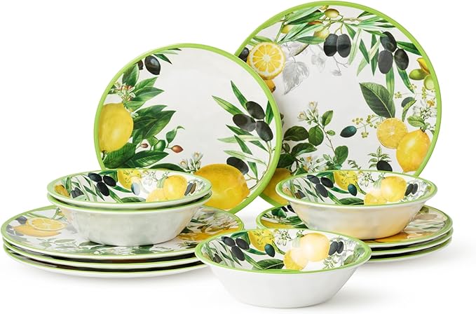 Limone 12-Piece Melamine Dinnerware Set - Citrus-Inspired Service for 4 Durable Shatterproof Dishwasher-Safe Plates and Bowls for Everyday Dining Outdoor Use and Entertaining