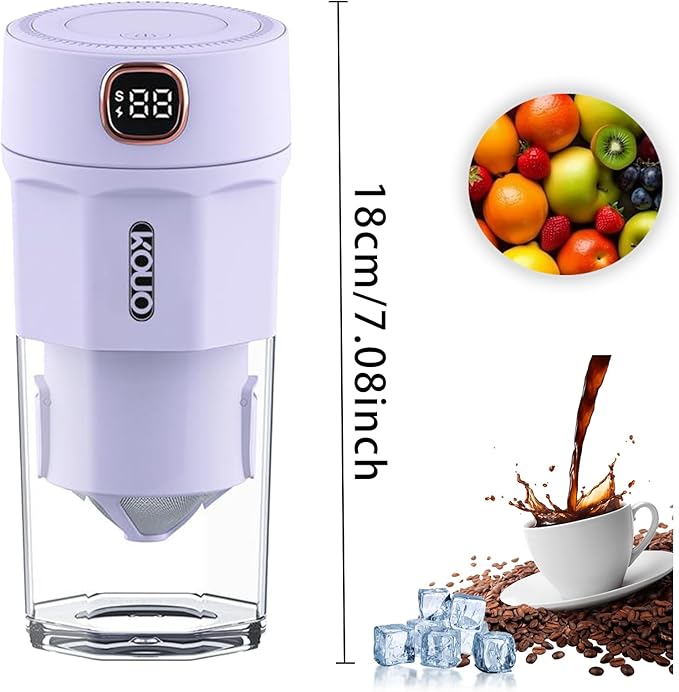 Portable Coffee Grinder and Blender Smoothies with 12Oz BPA Free Personal Travel Cup Durable Stainless Steel Mix Blender with Metal Coffee Filter USB Rechargeable(Purple)